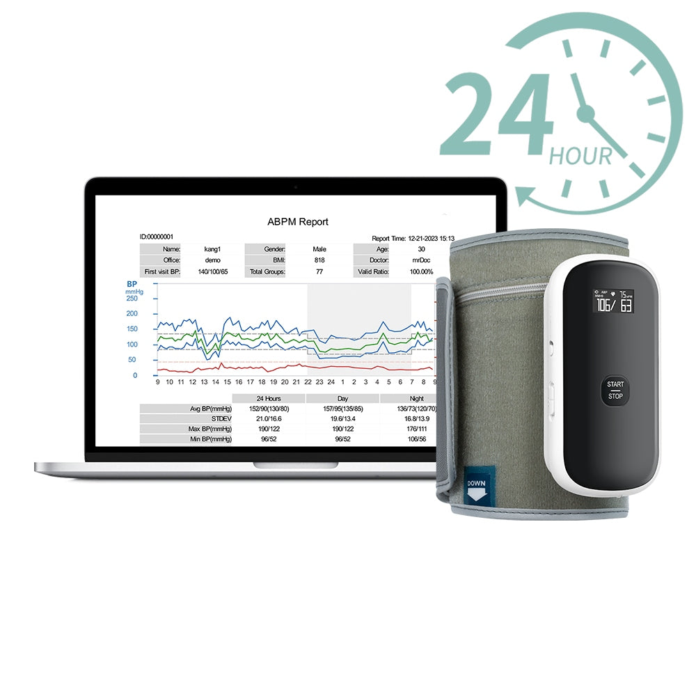24-hour ambulatory blood pressure monitor with PC software, one-piece design without tubes