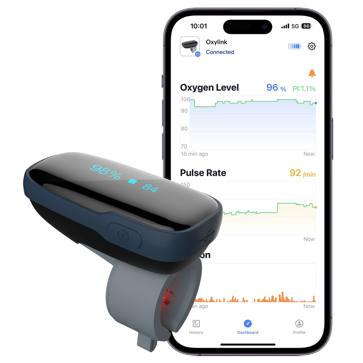 Wellue Oxylink Continuous Oxygen Monitor. Large Screen Oximeter Ring 