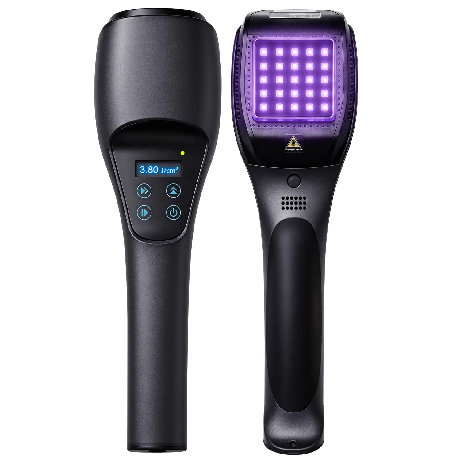 Front and back views of the Wellue 308nm targeted UVB home phototherapy device with digital dose display and UVB light panel