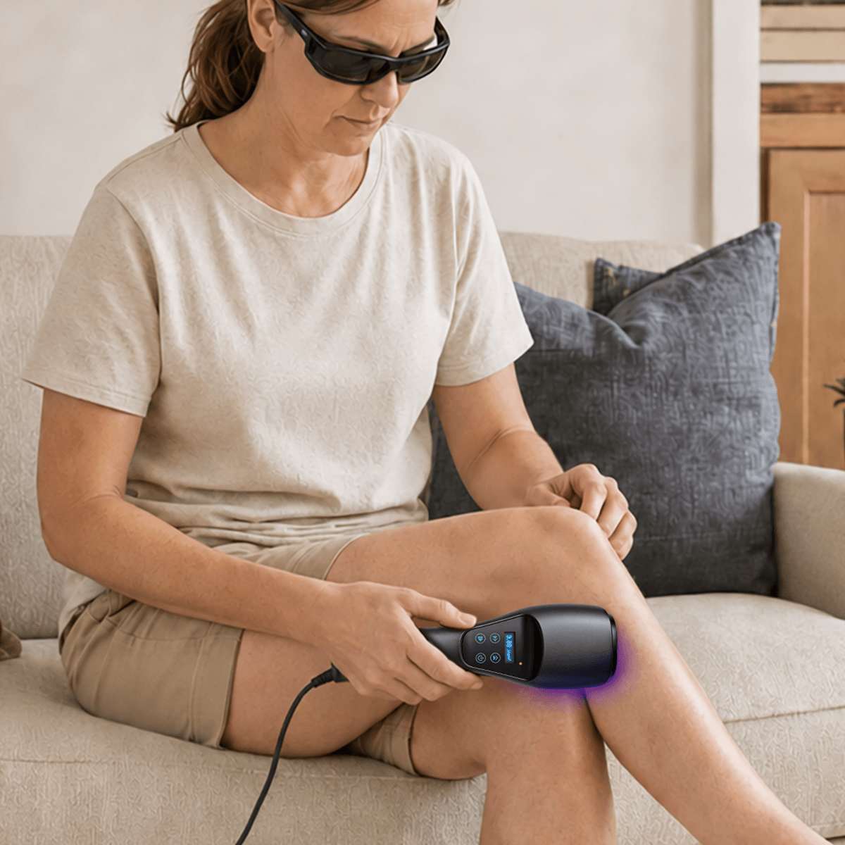 Woman wearing protective eyewear while using the Wellue 308nm targeted UVB phototherapy device on her knee at home