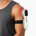 Wellue cold-laser + TENS unit secured to the shoulder for comfortable, at-home joint and muscle pain support