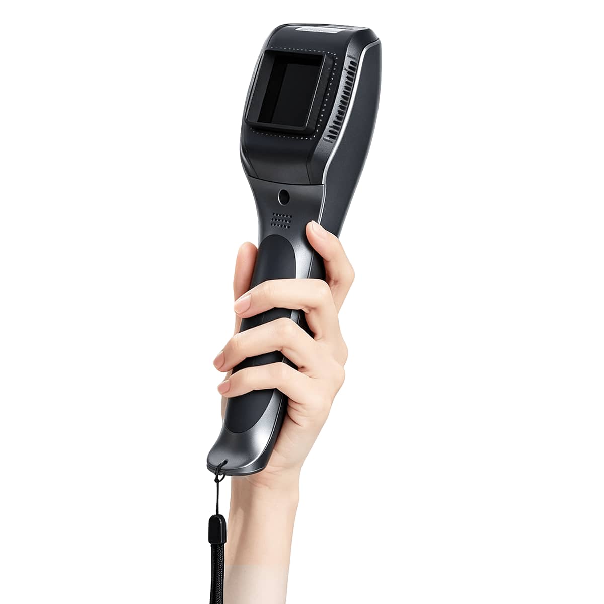 Hand holding the compact Wellue 308nm targeted UVB home phototherapy device against a white background