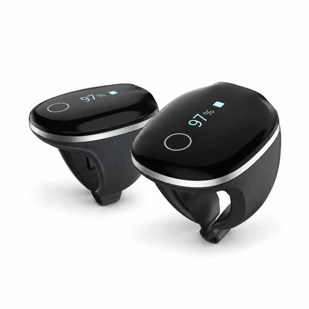 Two Wellue O2Ring S continuous oxygen monitors in complementary angles on a white background