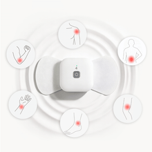 Load image into Gallery viewer, Wireless TENS pod with electrode pad showing multi-area use icons (shoulder, back, elbow, wrist, knee, ankle) for targeted relief.
