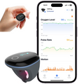 A wearable ring-shaped oxygen monitor device held between fingers with a smartphone displaying corresponding oxygen level, pulse rate, and motion data.