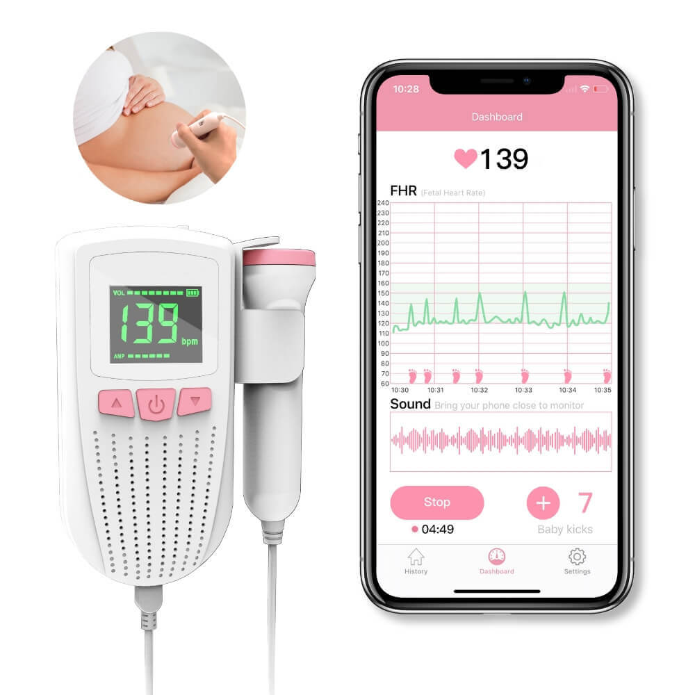 Doppler fœtal. Moniteur de rythme cardiaque prénatal pour bébé. APP pour le  suivi à long terme. Détecteur FHR de poche. Grande sonde très sensible.  Écoutez le son de bébé. – Wellue