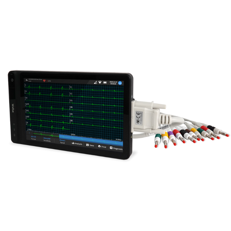 Wellue 12-lead ECG tablet with leads on.